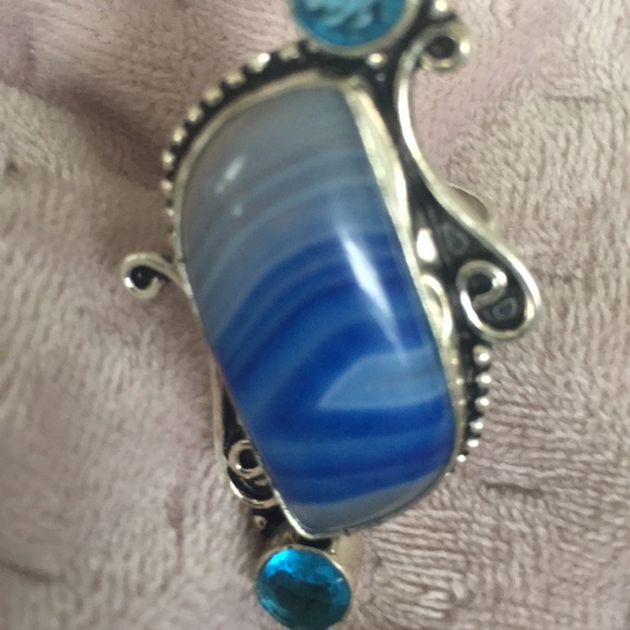 BLUE BOTSWANA AGATE BLUE TOPAZ SZ 9 LADIES’ RING - Picture 3 of 5